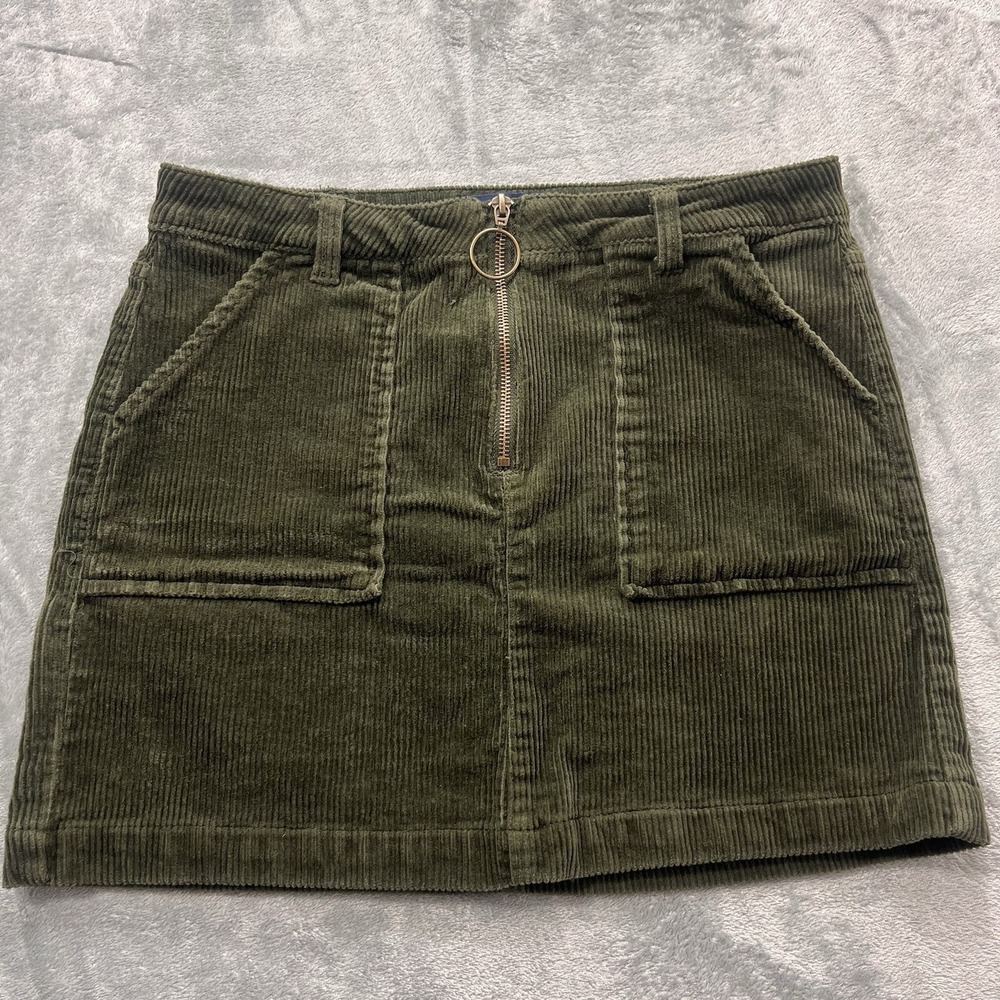 Blue Spice Womens 9 Dark Green Corduroy Mini Skirt Front Zip Stretch Pockets Y2K